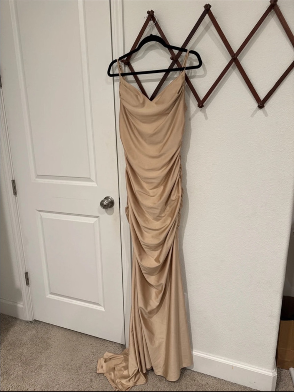 Nude Champagne Cowl Neck Ruched Bodycon Formal Evening Gown (XL)